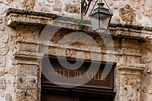 The sign for the entrance to the city hall `hotel de ville`