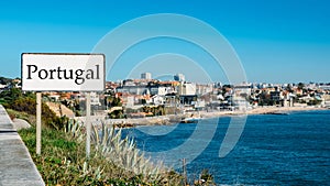 Sign entrance to the resort coastal city of Monte Estoril, near Lisbon, Portugal