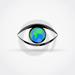 Sign of eye with globe inside. Global vision concept. Vector illustration.