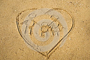 Sign of family inside heart shape frawn on beach