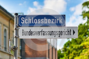 Sign of Federal Constitutional Court in Germany called `Bundesverfassungsgericht` in Karlsruhe, Germany