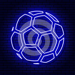 Sign of a football ball. Neon sign on a brick wall background. Blue colors.