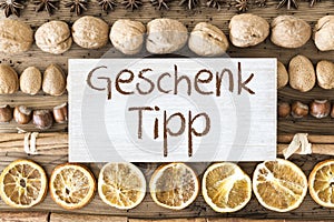 Christmas Food Flat Lay, Geschenk Tipp Means Gift Tip photo