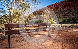 Sign of Glen Helen gorge and West Macdonnell national park in Glen Helen NT Australia