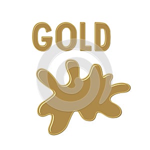 Sign `GOLD` and gold paint blot on white background. Color ink drop. Cartoon vector illustration