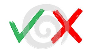 Sign green tick and red cross. Checking handwriting symbols, positive and negative choice icon, select yes or no signs