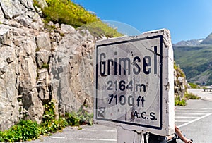 Sign of Grimsel mountain pass in Switzerland