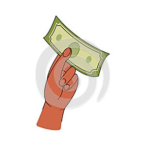 Sign hand holding currency. Money transfer, receive, hold concept.