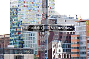 Sign `Handelshafen` in the Medienhafen in Dusseldorf, Germany, Europe