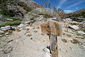 Sign for Helen Lake along the 20 Lakes Basin hiking trail in the Eastern Sierra Nevada mountains of California