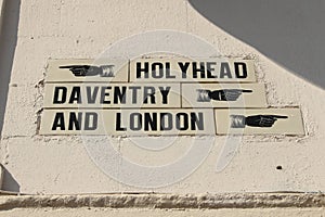 A Sign on the historic A5 or Watling Street giving distances to key landmarks