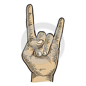 Sign of horns hand gesture sketch engraving vector