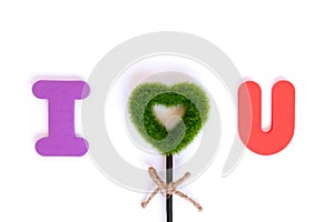 Sign I love you made of colorful letters and green grass heart on white background, flat lay