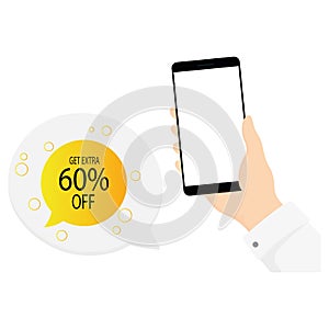 Sign icon man holding phone in hand, discount banner. Vector illustration eps 10