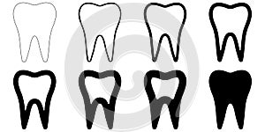 Sign icon tooth shape, vector set teeth with different contour thickness, dental tooth icons