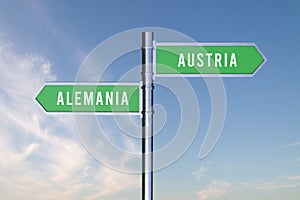 Sign indicating the direction of the borders between two countries Alemania, Austria,Germany, 3d render photo
