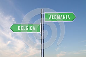 Sign indicating the direction of the borders between two countries Alemania, Belgica ,  3d render photo