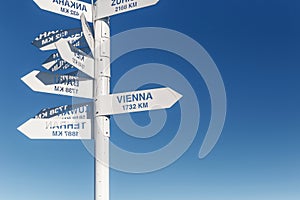 Sign indicating directions and distances to different cities of the world. The direction of the cities on the background of blue s