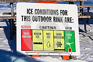 Sign indicating the outdoor rink ice conditions
