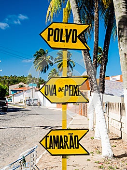 Sign indicating shrimp and seafood portugues photo