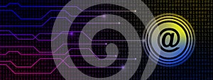 AT sign with information connecting lines on binary code background - Internet technology concept - Software Computer Program