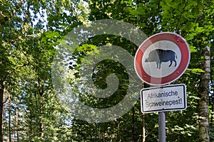 Sign with the inscription Afrikanische Schweinepest African swine fever.