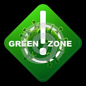 Sign with the inscription green zone. Red level of danger, coronavirus, lockdown, quarantine, virus. Isolate on a black background