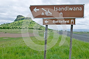 Sign for Isandlwana Battlefield, the scene of the Anglo Zulu battle site of January 22, 1879. The great Battlefield of Isandlwana