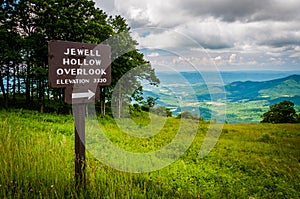 Sign for Jewell Hollow Overlook and view of the Shenandoah Valley, along Skyline Drive, in Shenandoah National Park, Virginia.