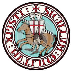 Sign Of The Knight Templars. Two knight Crusader on horseback with spears, in a circle from the text of the slogan of photo