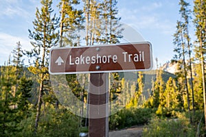 Sign for the Lakeshore trail, a hiking path around Stanley Lake in Idaho in the Sawtooth Mountains