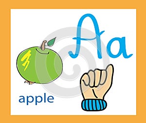 Sign language and alphabet. Cartoon letter A. Creative English alphabet. ABC concept.