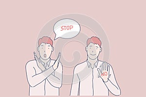 Sign language, call to stop, prohibition gesture concept