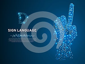 Sign language D letter, hand Polygonal space low poly style. People silent communication. Vector on dark blue background