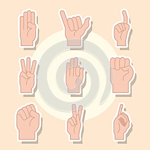 Sign language hand gesture indicating different letters alphabet line and fill icons