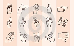 Sign language hands doing alphabet line icons set