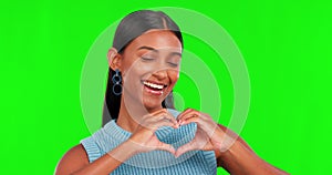 Sign language, love and woman with heart, green screen with emoji and hand gesture on studio background. Cardiovascular