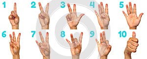 Sign language numbers 1-10 for the deaf . American Sign Language ASL. Hand gesture numbers on a white