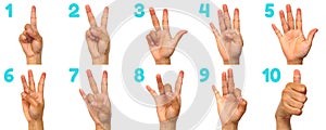 Sign language numbers 1-10 for the deaf . American Sign Language ASL. Hand gesture numbers on a white photo