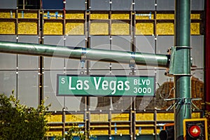 sign Las Vegas Blvd in front of tall building under construction - selective focus