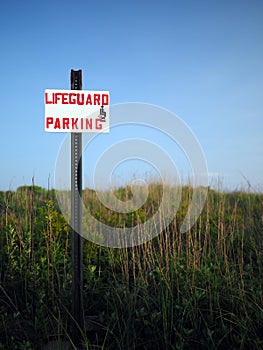 Sign for lifeguard parking Ditch Plains Beach Montauk New York
