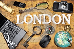 Sign London, Laptop, Key, Globe, Compass, Phone, Camera, Letter,