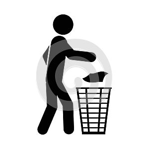 A sign of a man throwing garbage in the urn. A man throws rubbish into the urn. Vector illustration