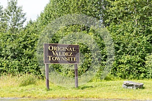 Sign marking the Original Valdez townsite in Alaska before the earthquake photo