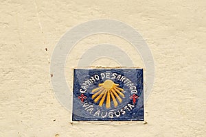 Sign of the medieval religious Route of Camino de Santiago the Way of St. James in Cadiz, Spain