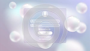 Sign In Member Login form glassmorphism style. Luxury pearl sphere on defocused light background. Registration form page premium