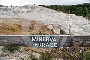 Sign for Minerva Terrace, in Mammoth Hot Springs area of Yellowstone National Park