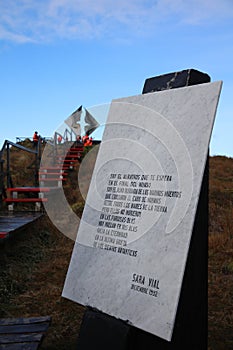 Sign of the monument designed as an Albatross. Cape Horn. Chile