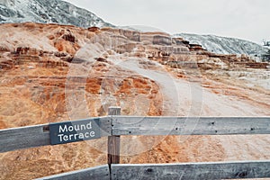 Sign for Mound Terrace, in Mammoth Hot Springs area of Yellowstone National Park