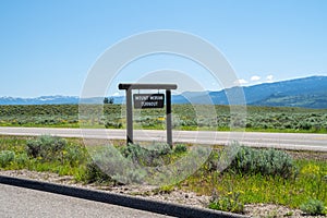Sign for the Mount Moran scenic turnout in Grand Teton National Park in Wyoming